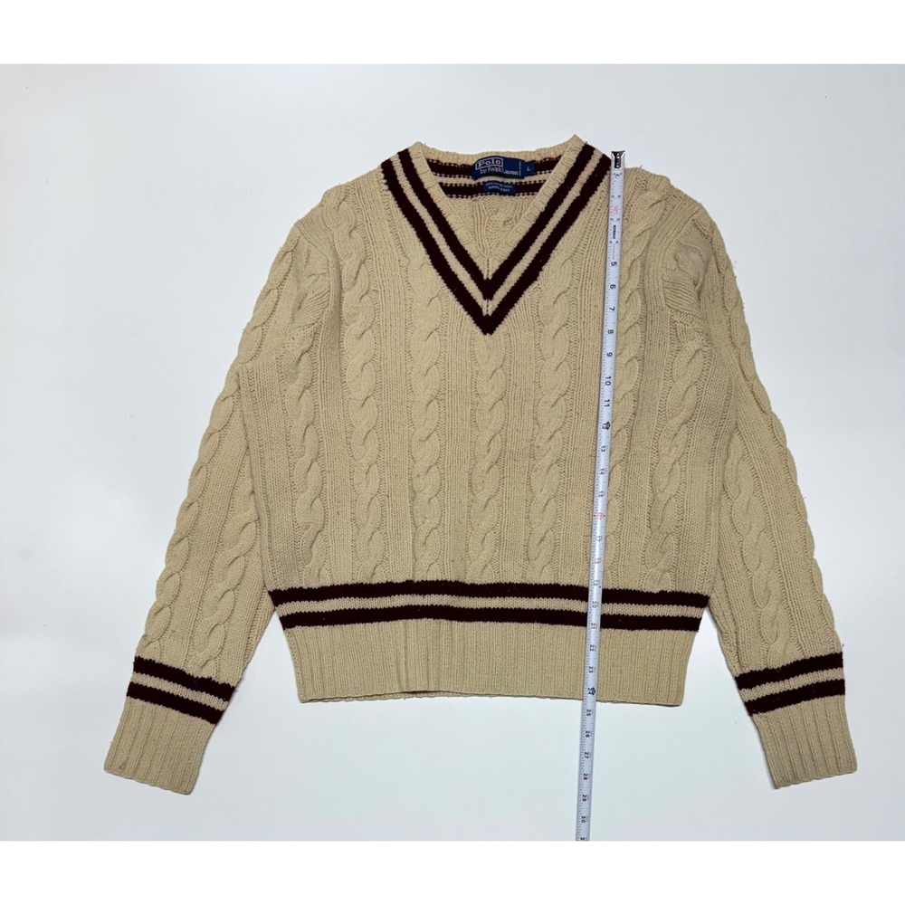 VTG Polo Ralph Lauren Lambswool Cable Hand Knit Cricket Sweater V-Neck Cream  L